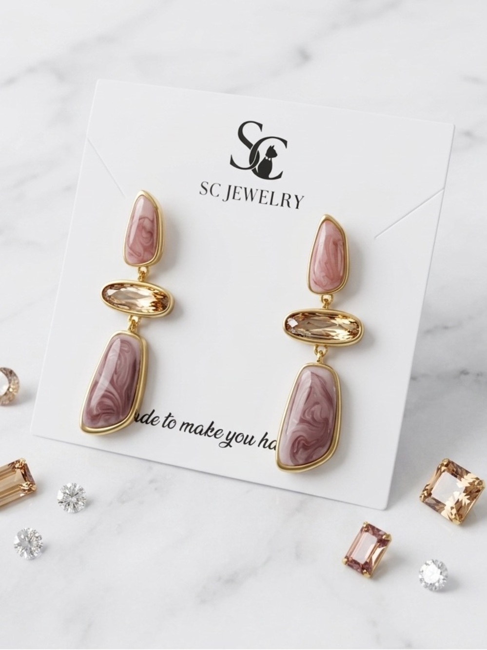 14K Gold Plated Pink Marble Resin Drop Earrings ✨ Luxury Boutique Statement